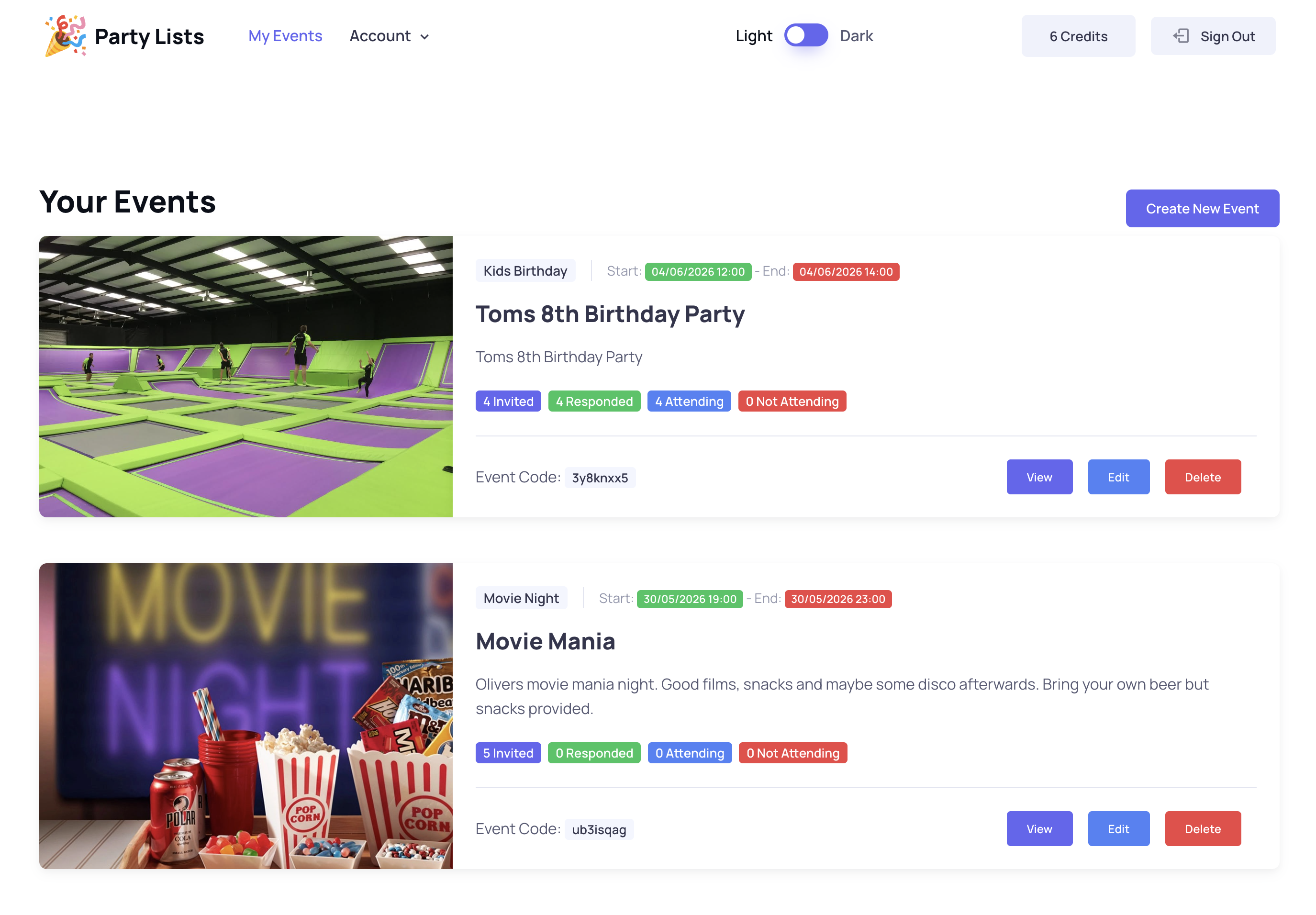 PartyLists dashboard preview